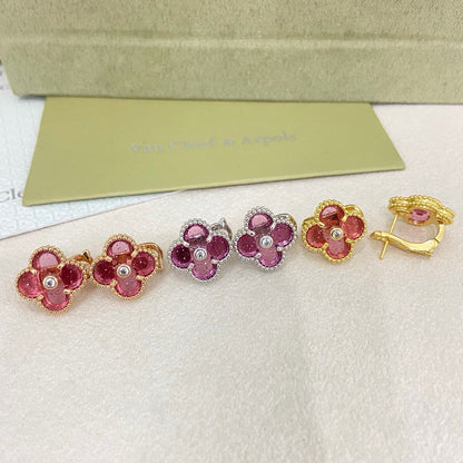 [⭐Shinejoy]2026 NEW  CLOVER 1 MOTIFPINK ENAMEL STUD EARRINGS WITH DIAMONDS2