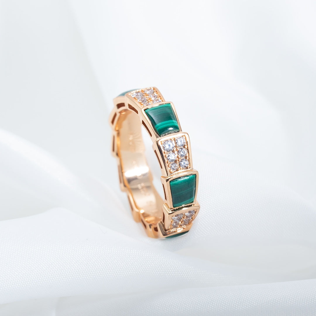 [⭐Shinejoy]SERPENTI RING PINK GOLD MALACHITE DIAMOND PAVED 4MM