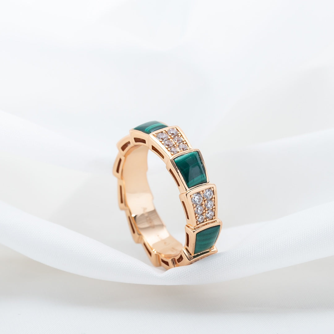 [⭐Shinejoy]SERPENTI RING PINK GOLD MALACHITE DIAMOND PAVED 4MM