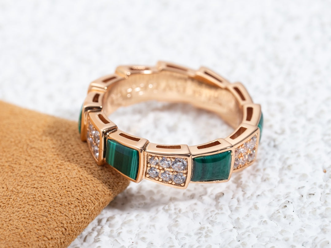 [⭐Shinejoy]SERPENTI RING PINK GOLD MALACHITE DIAMOND PAVED 4MM
