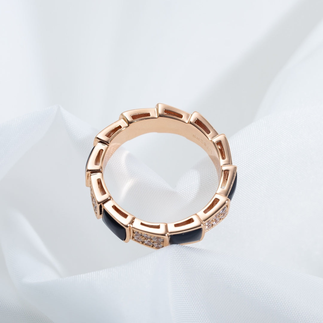 [⭐Shinejoy]SERPENTI RING PINK GOLD BLACK MOP DIAMOND PAVED 4MM