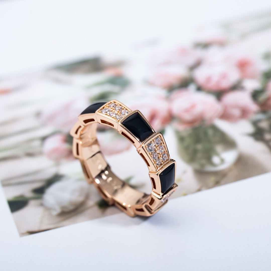 [⭐Shinejoy]SERPENTI RING PINK GOLD BLACK MOP DIAMOND PAVED 4MM