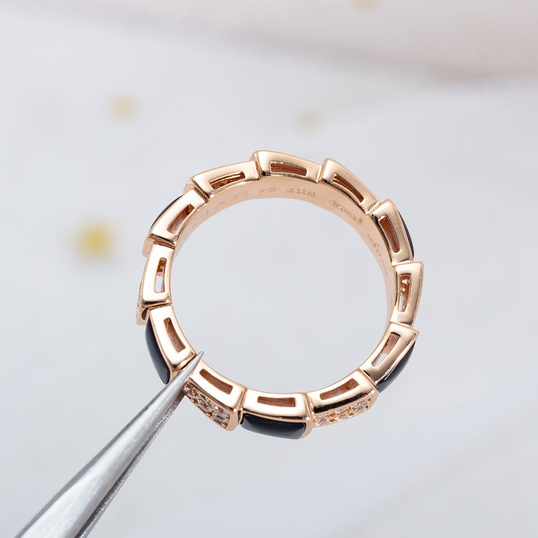 [⭐Shinejoy]SERPENTI RING PINK GOLD BLACK MOP DIAMOND PAVED 4MM