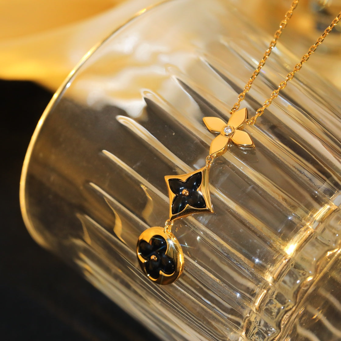 [Shinejoy]STAR AND SUN ONYX PINK GOLD NECKLACE