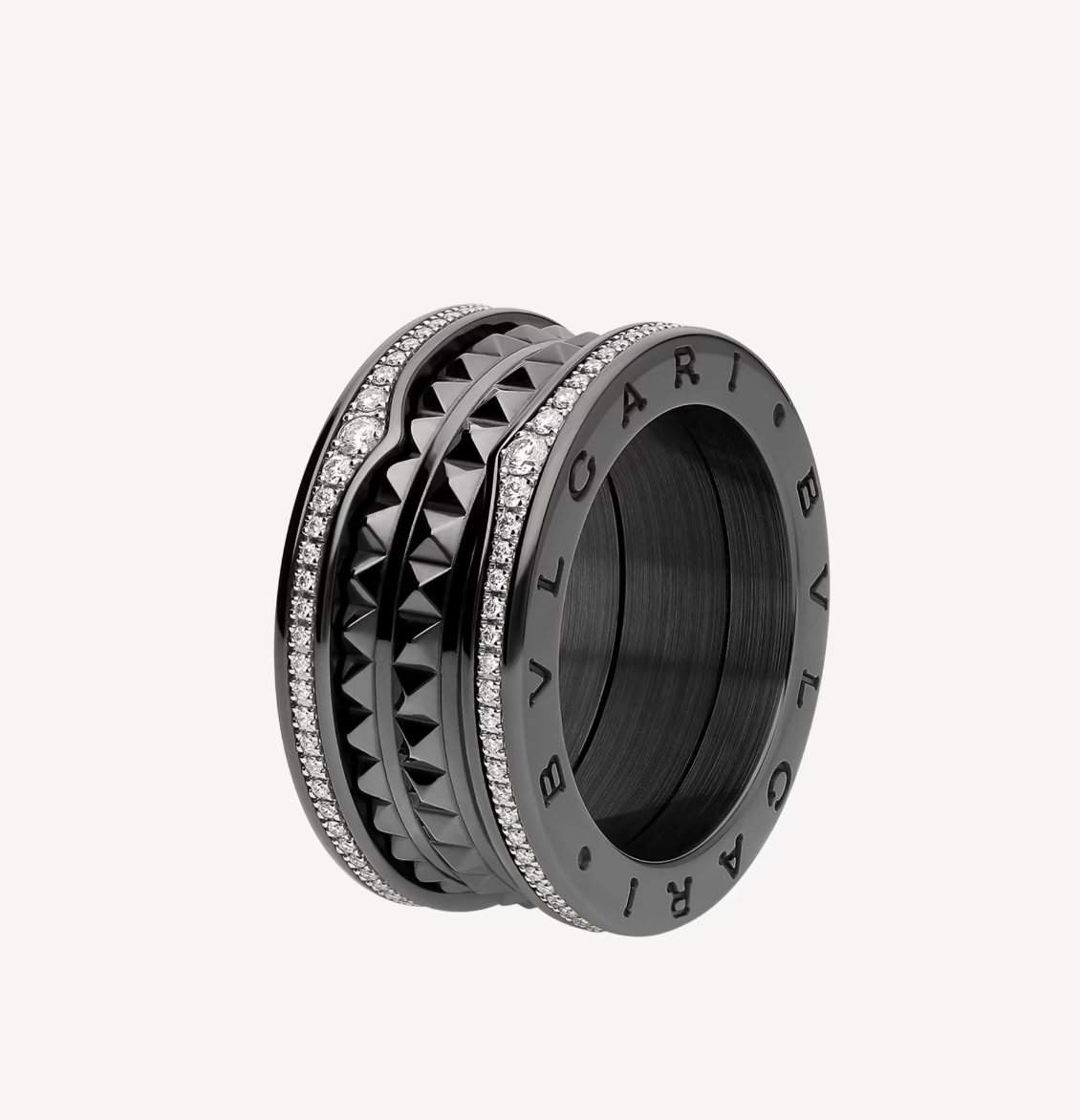 [⭐Shinejoy]ZERO 1 ROCK FOUR-BAND BLACK CERAMIC WITH STUDDED SPIRAL AND PAVED DIAMONDS RING