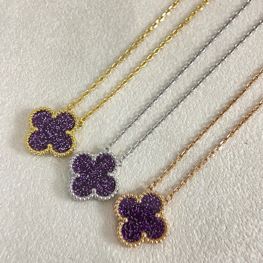 [⭐Shinejoy]NEW 15MM PURPLE SAND-GOLD FOUR-LEAF CLOVER NECKLACE