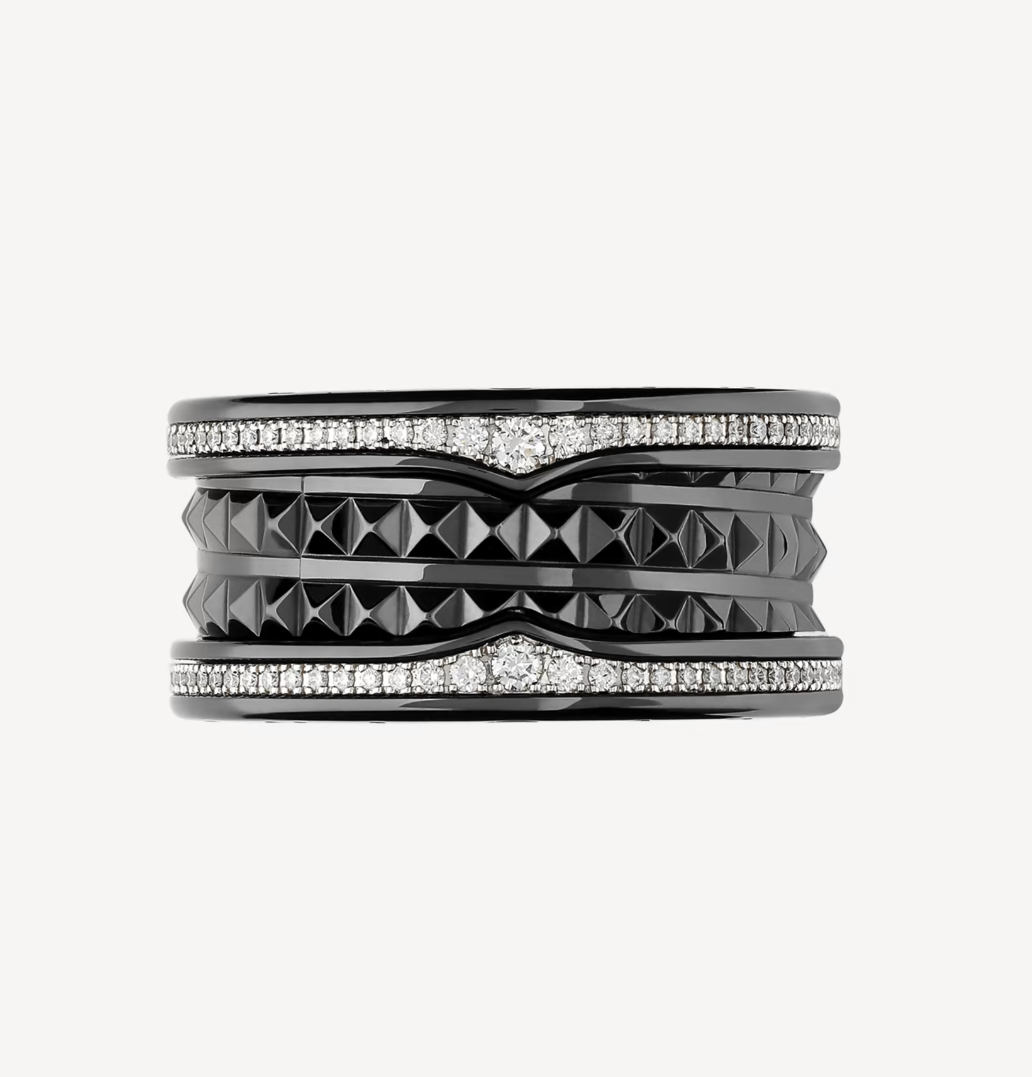 [⭐Shinejoy]ZERO 1 ROCK FOUR-BAND BLACK CERAMIC WITH STUDDED SPIRAL AND PAVED DIAMONDS RING