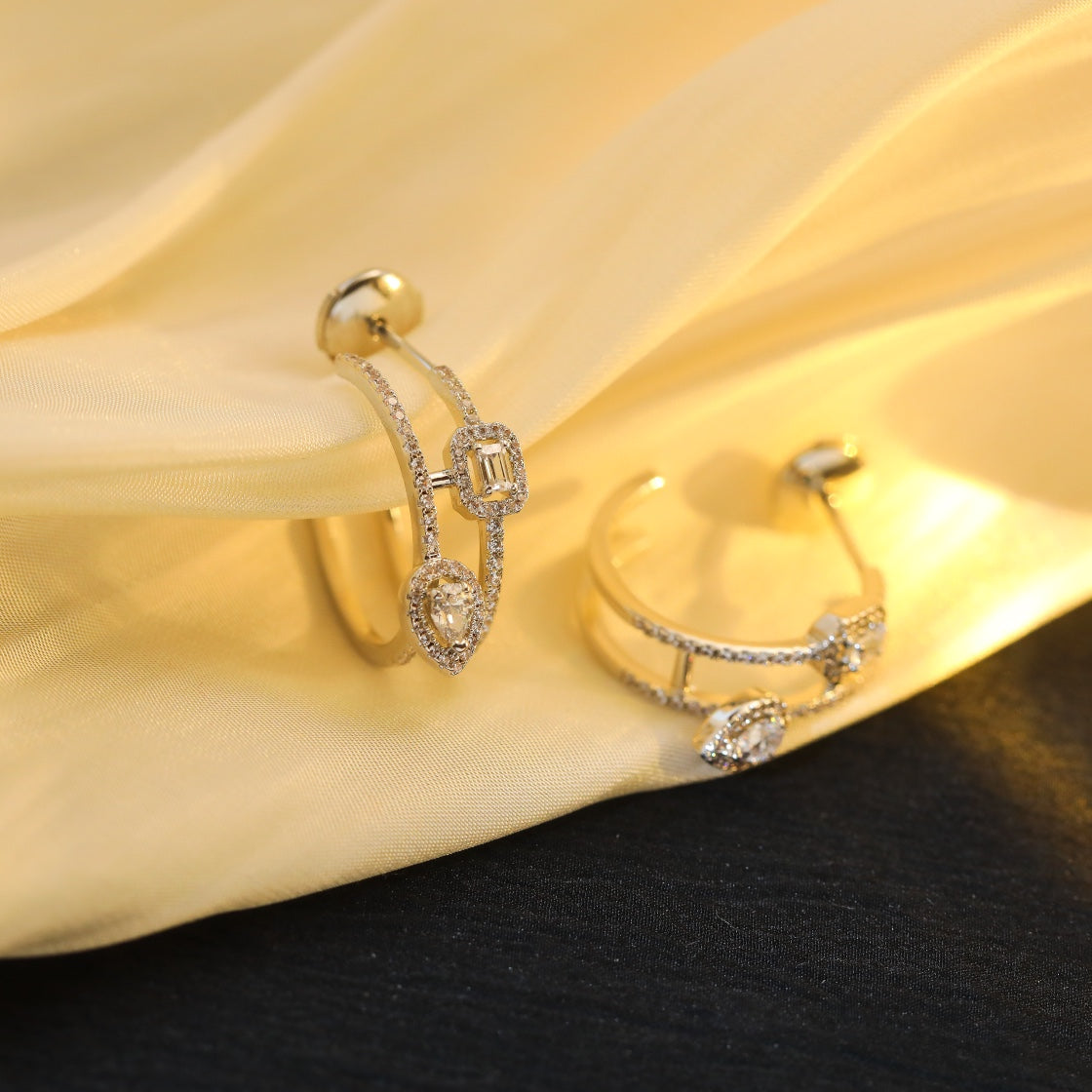 [⭐Shinejoy]CREOLES MY TWIN 2 RANGS SILVER DIAMOND EARRINGS