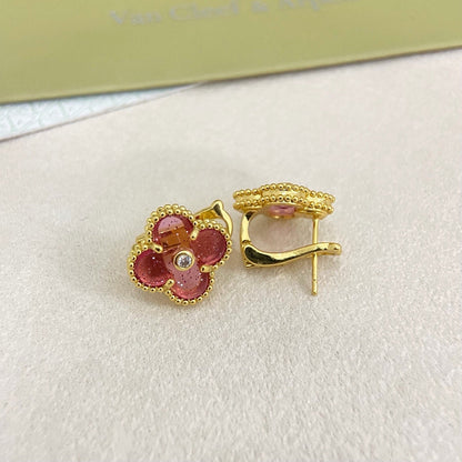 [⭐Shinejoy]2026 NEW  CLOVER 1 MOTIFPINK ENAMEL STUD EARRINGS WITH DIAMONDS2