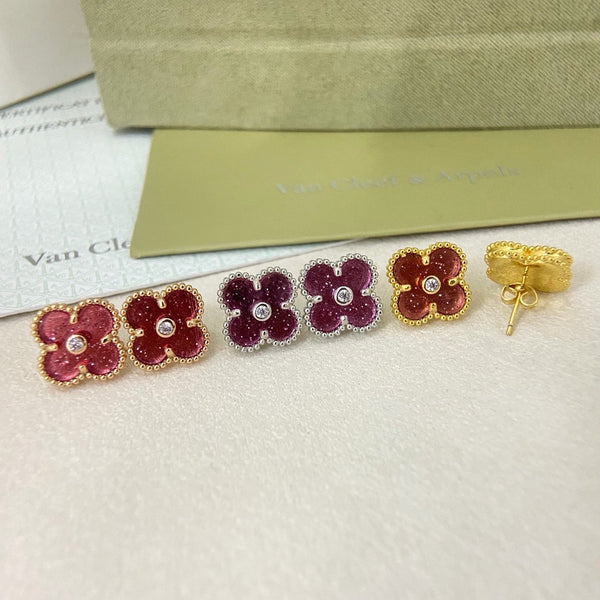 [⭐Shinejoy]2026 NEW  CLOVER 1 MOTIFPINK ENAMEL STUD EARRINGS WITH DIAMONDS