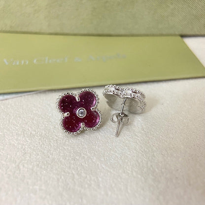 [⭐Shinejoy]2026 NEW  CLOVER 1 MOTIFPINK ENAMEL STUD EARRINGS WITH DIAMONDS