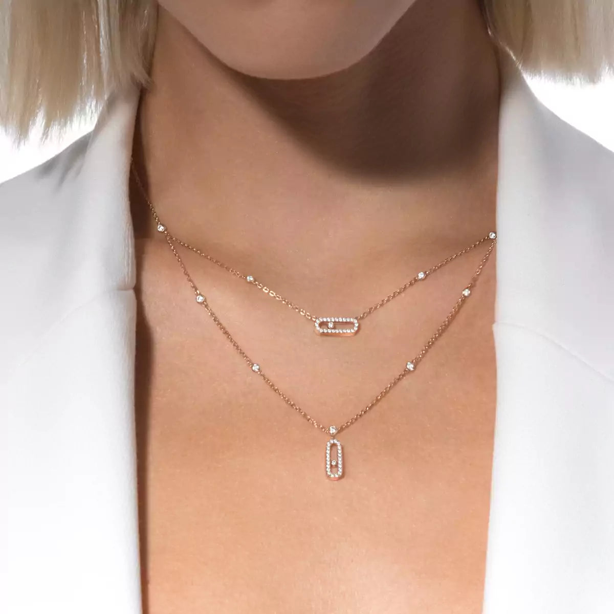 [⭐Shinejoy]2 Rows Rose Gold Diamond Pave_ Necklace Move Uno